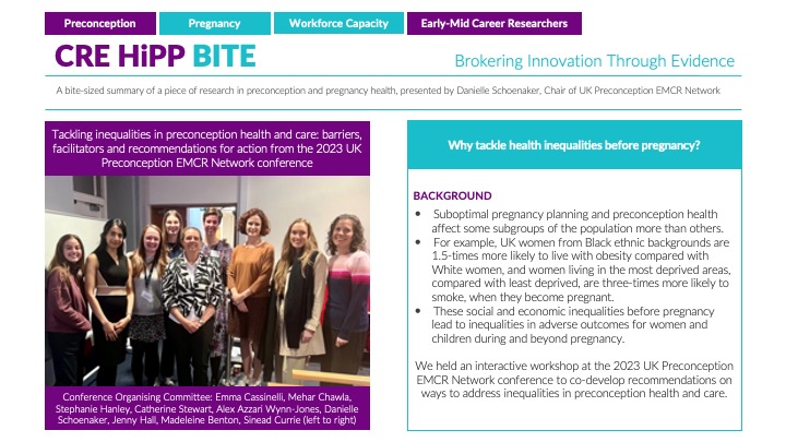 CreHipp's tweet image. Presented by @D_Schoenaker, chair of the UK Preconception EMRC Network, our latest #CREHiPPBITE looks at how we can tackle health and care inequalities in #preconception 👉 bit.ly/4crer93
@HiPPP_EMR_C #health #pregnancy