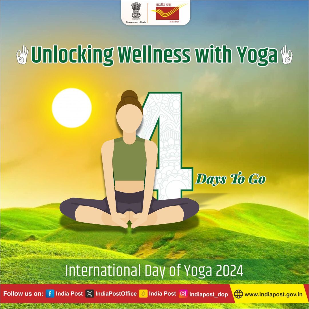 IndiaPostOffice's tweet photo. Only 4 days to go until International Yoga Day 2024! Let's stretch, breathe, and celebrate Yoga Day. Get ready to flow into serenity.

#IDY2024  #InternationalDayofYoga2024  #YogaForSelfAndSociety  #YogaDay2024  #YogaForAll https://t.co/70sU6hP2aF