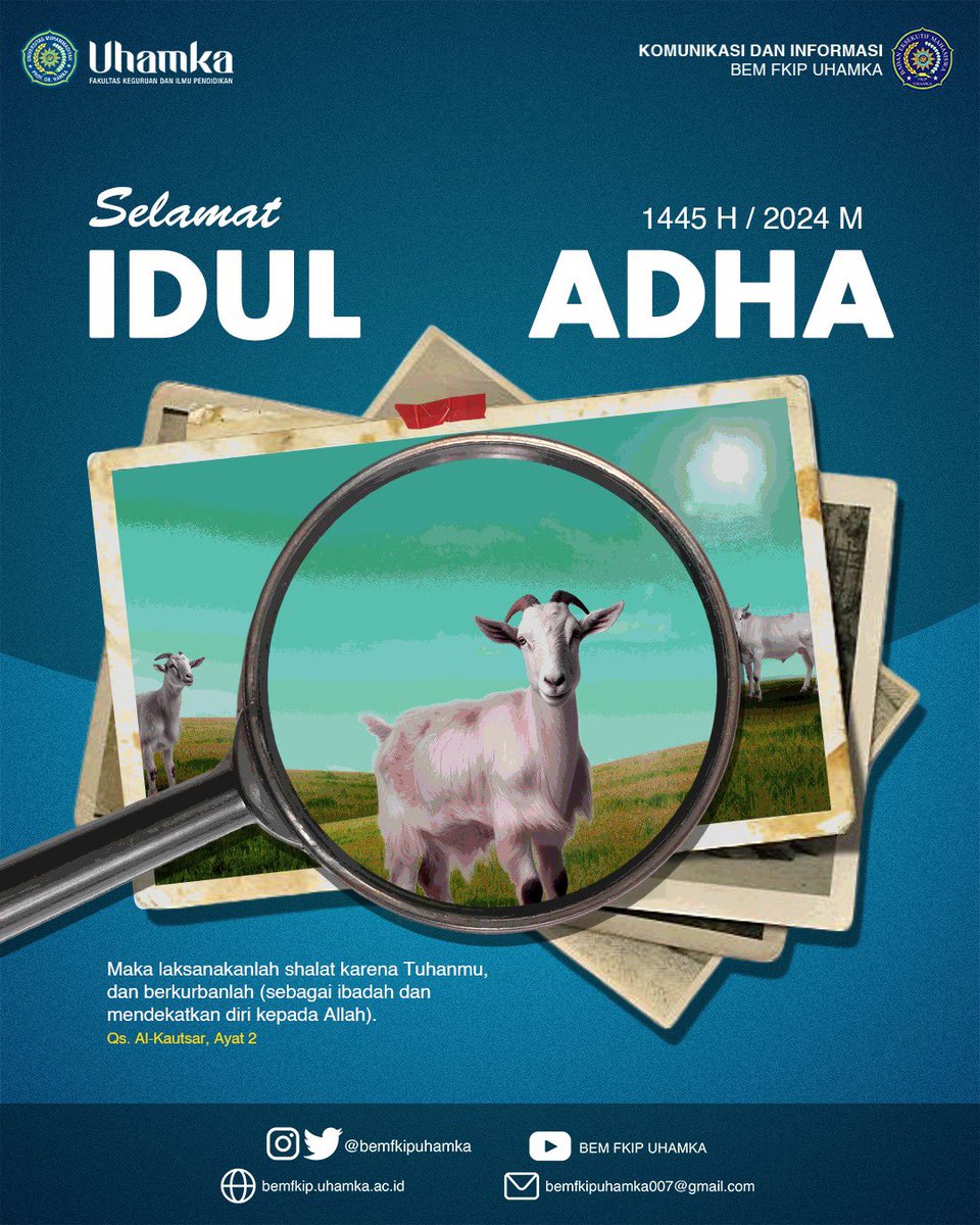 BEMFKIPUHAMKA's tweet image. SELAMAT IDUL ADHA 1445 H / 2024 M

Halo, sobat fkip! 

Semoga Idul Adha menjadi moment bagi kita untuk meningkatkan rasa syukur atas segala nikmat yang telah Allah SWT berikan. 

BEM FKIP UHAMKA
#BerpikirKris
#Objektif
#Progresif