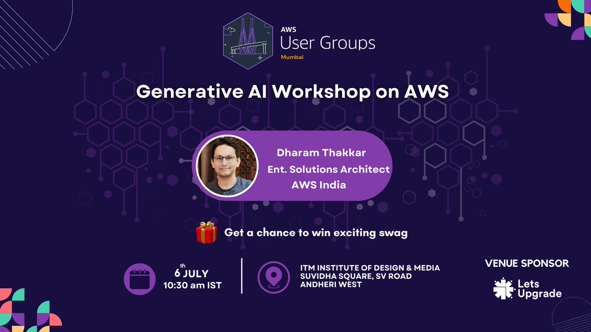 AWS User Group Mumbai ๐ฎ๐ณ (@awsugmum) on Twitter photo Hello folks,
Inviting you all to our July meetup!
We are glad to announce that <a href="/awsugmum/">AWS User Group Mumbai ๐ฎ๐ณ</a> has another exciting in-person event, Generative AI Workshop on <a href="/awscloud/">Amazon Web Services</a>, in which the speaker we have is Dharam Thakkar from <a href="/AWSCloudIndia/">AWS Cloud India</a>.
Register: lnkd.in/dECtQ6Pw Hello folks,
Inviting you all to our July meetup!
We are glad to announce that <a href="/awsugmum/">AWS User Group Mumbai ๐ฎ๐ณ</a> has another exciting in-person event, Generative AI Workshop on <a href="/awscloud/">Amazon Web Services</a>, in which the speaker we have is Dharam Thakkar from <a href="/AWSCloudIndia/">AWS Cloud India</a>.
Register: lnkd.in/dECtQ6Pw