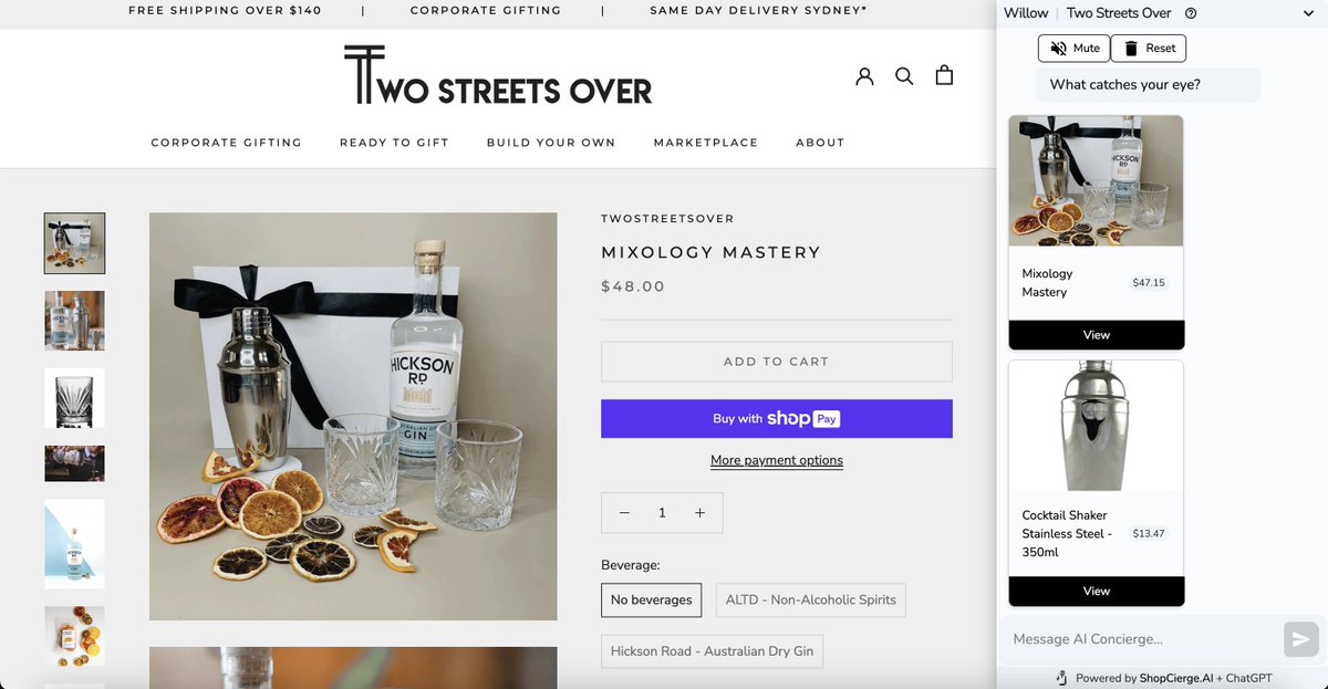 ShopCierge's tweet photo. ShopCierge transforms your #Shopify store into a guided shopping experience.

Our AI Concierge delivers personalized product recommendations and shopping assistance. For this cocktail enthusiast, it suggested a mixology gift bundle, letting the customer ask follow-up questions or add to cart with ease.