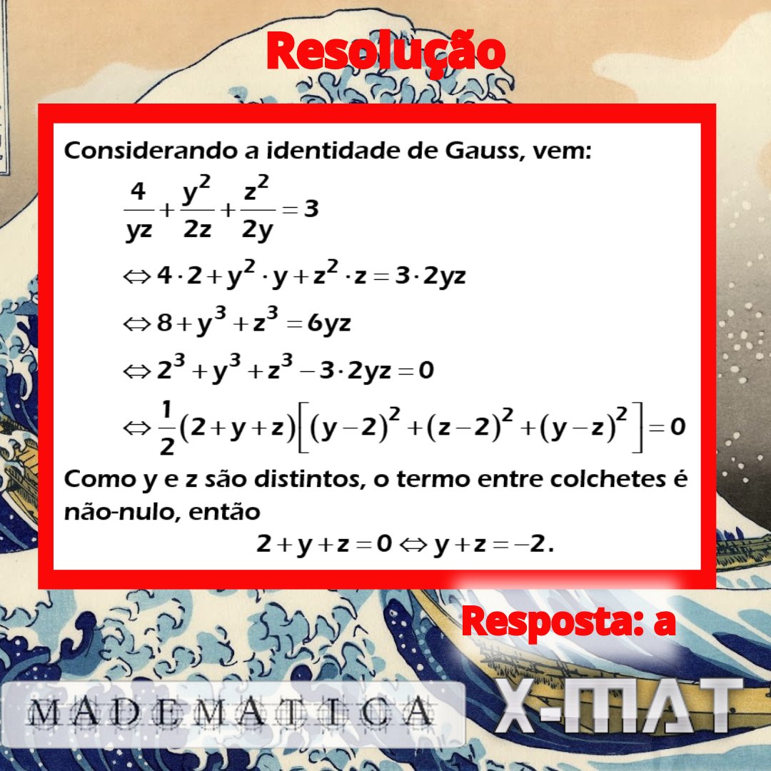 rocmadeira's tweet image. Questão muito bonita de fatoração da prova do CN 2009. Essa questão e diversas outras similares estão no artigo sobre Identidades de Gauss disponível em madematica.blogspot.com e madematica.mat.br.
#madematica #xmat #colegionaval