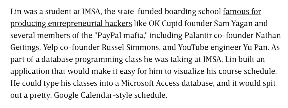 XX_1133_1221_11's tweet photo. IMSA School Alumni
(Illinois Mathematics and Science Academy)

Thread
1/ 13

PayPal Mafia
Crypto
Netscape
Mozilla
Microsoft
PowerSet
XX Network/eCash
Youtube
Palantir
OKCupid
FWD .us
+

Yu Pan
Charles Moldow
Barney Pell
Russel Simmons
Jeremy Stoppelman
Chad Hurley
Sam Yagar
Rob McCool
Ramen Naam
Nathan Gettings
Max Levchin
James H Clark
John Doerr
Jed McCaleb
Max Krohn
Chris Coyne
+