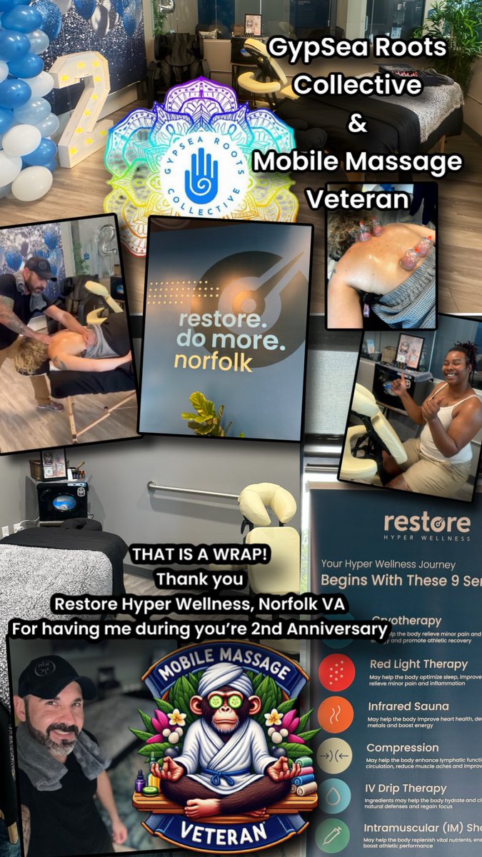 MassageVeteran's tweet photo. Huge thanks for Restore Hyper Wellness in Norfolk VA for allowing me to do two massage events for their 2nd Anniversary!! 

Massage Norfolk =
@gypsearoots 

#Massage #MassageTherapy #MobileMassageVeteran #Norfolk #Virginia #RestoreHyperWellness #GypSeaRootsCollective https://t.co/rxIFHxi805