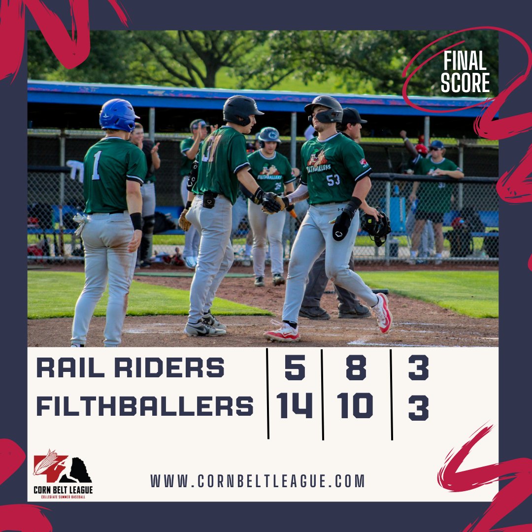 The Filthballers erupt for 14 runs in the 6th inning to overcome a 5-0 deficit and defeat the Rail Riders

FINAL
Rail Riders 5
Filthballers 14

Top Performers
AJ Urban 2-3 2B, 3RBI, 2R
Raeli Falcon 2-2 2RBI, 2R
Hodges &amp; Bevan each with 2 RBIs