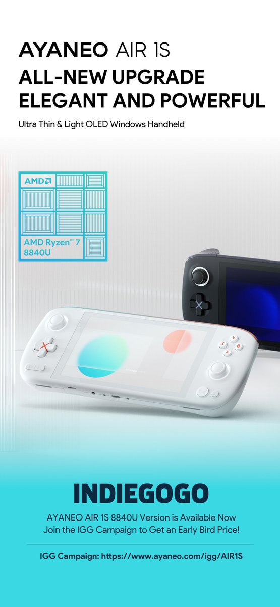 AYANEO__'s tweet image. ✨ All-new upgrade, elegant &amp;amp; powerful! ✨
The AYA NEO AIR 1S is here - ultra-thin, light, and packed with OLED goodness. 🎮🎮

AYANEO AIR 1S 8840U Version is Available Now
IGG Campaign: ayaneo.com/igg/AIR1S

#AYANEOAIR1S #WindowsHandheld  #GamingOnTheGo  #OLEDDisplay