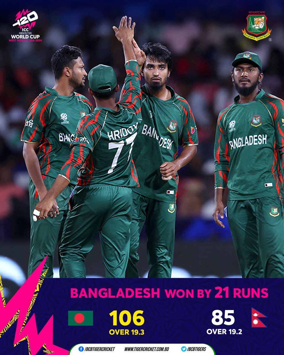 Bangladesh vs Nepal: T20 World Cup 2024: Bangladesh beat Nepal by 21 runs to qualify for the Super 8s
Bangladesh have qualified for the Super 8s after their 21-run win over Nepal.