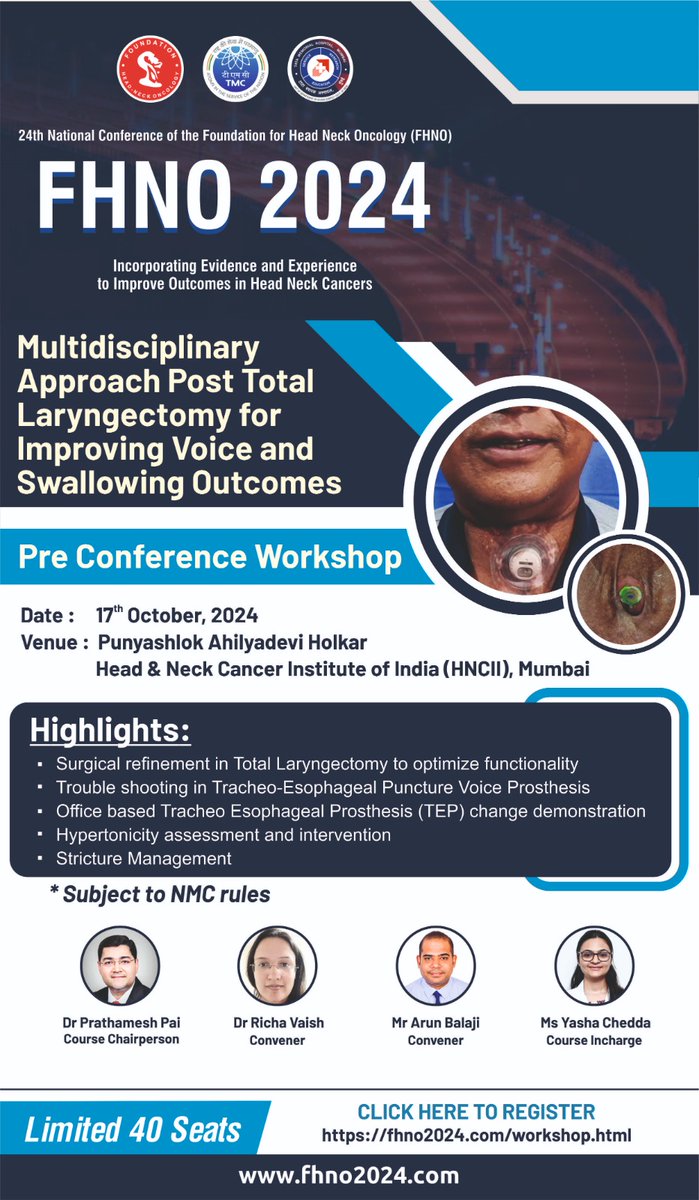 24th Foundation for Head Neck Oncology India Annual Conference is from 17 to 20 October 2024 at Mumbai India! 

Professor Justin Roe is the lead overseas SLT faculty!

For details, registration please visit fhno2024.com
