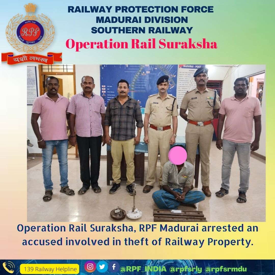 rpfsrmdu's tweet photo. #Operation Rail Suraksha, RPF Madurai and CIB/MDU arrested an accused involved in theft of Railway Property. @rpfsrly @RPF_INDIA @RailMinIndia https://t.co/afvD9NAYwp