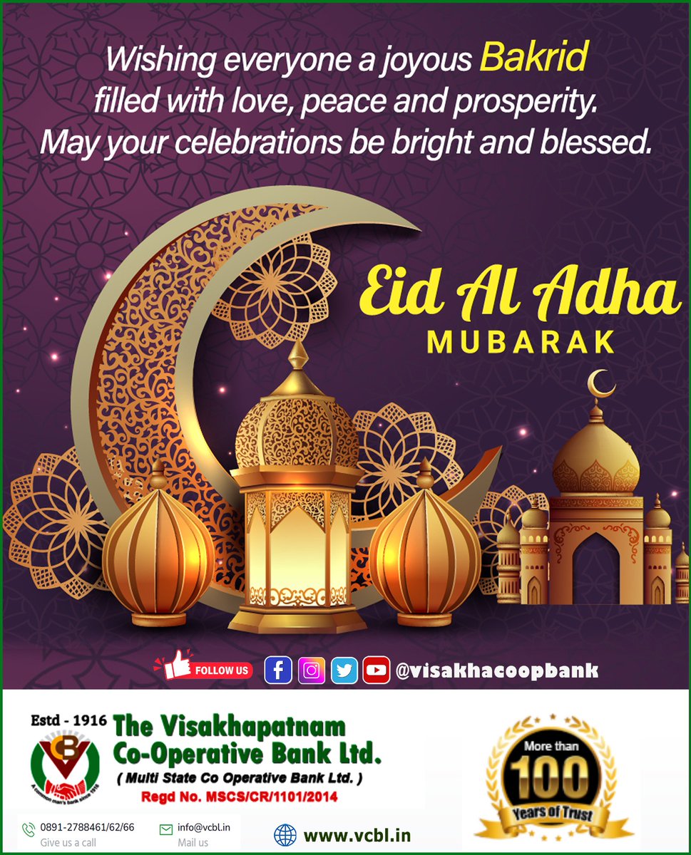 visakhacoopbank's tweet photo. Dear valued #VCBL customers,
🌙 Eid Mubarak! 🌙
On this joyous occasion of Bakrid, we extend our heartfelt wishes to you and your loved ones. May your celebrations be filled with happiness, peace, and prosperity. Thank you for being a part of our banking family.
Follow us @visakhacoopbank
#Bakrid #EidMubarak #VCBL #BankingWithHeart
