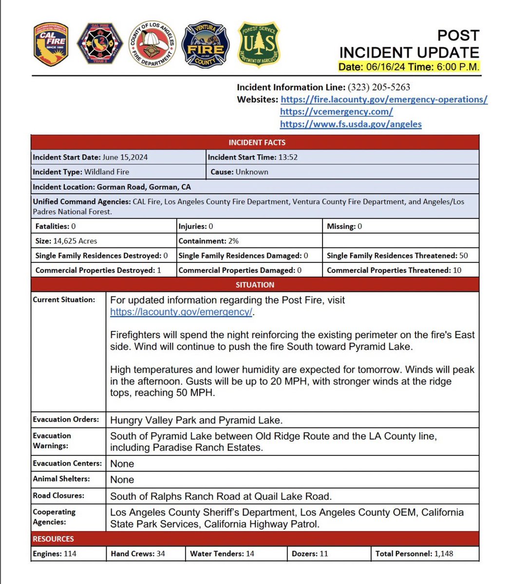 EsselingFire's tweet photo. #PostFire PM Incident Update 6/16/24 https://t.co/3R8i3ko6eL