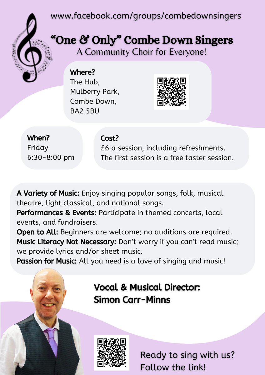 The "One &amp; Only Combe Down Singers" have returned to The Hub!!

Every Friday from 6.30pm - 8pm and its only £6 a session.

Follow the link on the QR code for more info!!