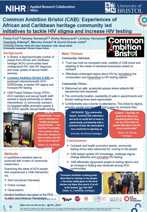 Jeremy Horwood (@jphorwood) on Twitter photo Our Common Ambition Bristol <a href="/BristolCommon/">CAB - Common Ambition Bristol</a> project involves African & Caribbean heritage communities co-producing ways to ⬇️ #HIV stigma & ⬆️testing
➡️Findings presented at #BASHH24 (P0095)
➡️Info arc-w.nihr.ac.uk/research/proje… Our Common Ambition Bristol <a href="/BristolCommon/">CAB - Common Ambition Bristol</a> project involves African & Caribbean heritage communities co-producing ways to ⬇️ #HIV stigma & ⬆️testing
➡️Findings presented at #BASHH24 (P0095)
➡️Info arc-w.nihr.ac.uk/research/proje…