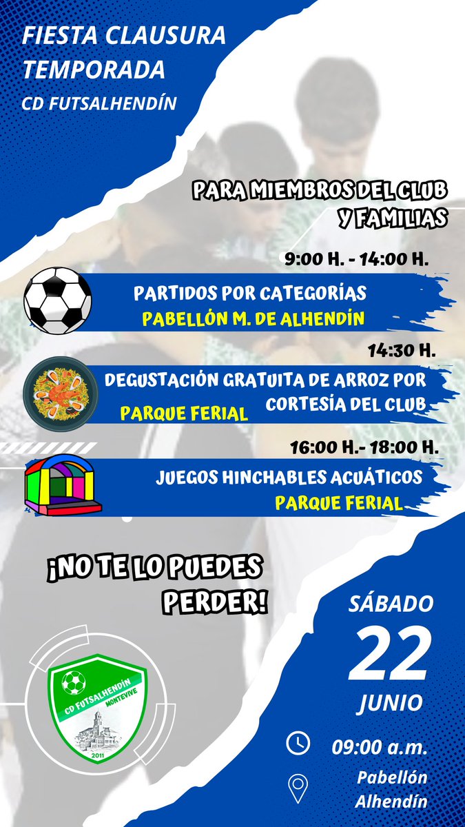 FUTSALHENDIN (@futsalhendin) on Twitter photo ¡No hagas planes para el sábado 22!
Si eres miembro de nuestro club o familiar te esperamos en la Fiesta de Clausura de Temporada para pasar un gran día.
<a href="/Ayto_Alhendin/">AyuntamientoAlhendín</a> ¡No hagas planes para el sábado 22!
Si eres miembro de nuestro club o familiar te esperamos en la Fiesta de Clausura de Temporada para pasar un gran día.
<a href="/Ayto_Alhendin/">AyuntamientoAlhendín</a>