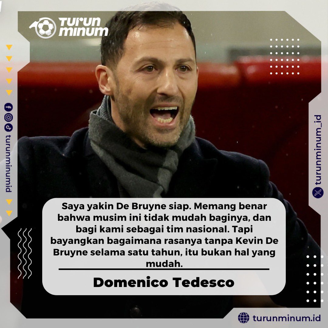 turunminum_id's tweet photo. Pelatih Belgia Domenico Tedesco, tak sedikitpun meragukan kemampuan Kevin De Bruyne untuk membela Timnas Belgia dalam menghadapi Slovakia di Euro 2024.

#kevindebruyne #belgia #belgium #mancity #domenicotedesco #euro2024 #euro #pialaeropa #slovakia #football #infobola https://t.co/WU8rHBjn0U