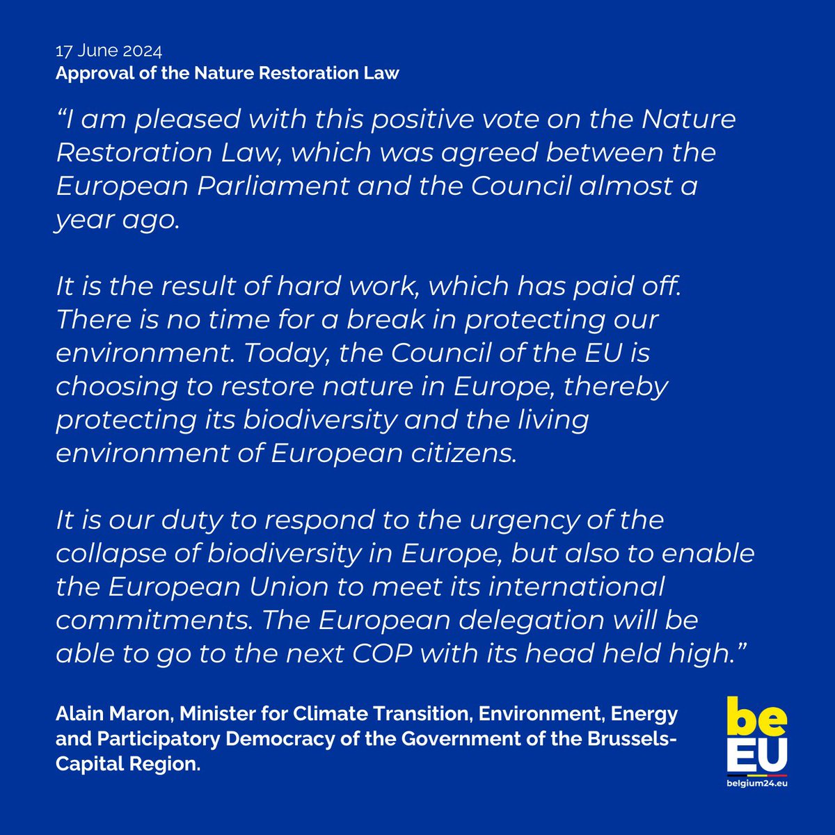🌳🐿️ Adopted! EU Environment Ministers just validated the trilogue agreement on the #NatureRestoration Law. This is the final step before this law can enter into force.

➡️ More soon in the <a href="/EUCouncil/">EU Council</a> press release.

#EU2024BE