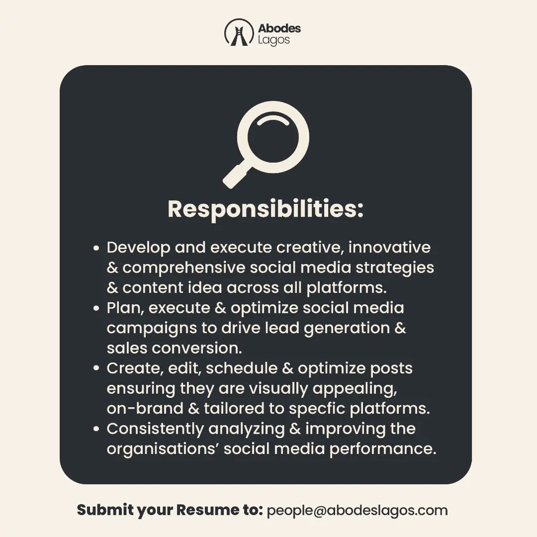 Join our team as a Remote Social Media Marketer.

REQUIREMENTS
- 2+ years experience
- Good Wifi/Mobile Network

Submit your CV; people@abodeslagos.com

Olamide | Pastor Adeboye | Asake | Pete Edochie | Naija Brand Chick | Tinubu | Osimhen | Shola | 9ice | Bayo Onanugu | Otti