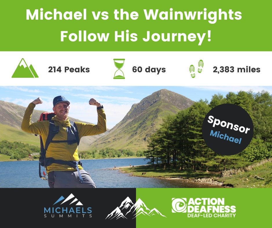 ActionDeafness's tweet photo. Good luck to Michael Woods, a Deaf Mountaineer is starting the Wainwrights Challenge today! which could take him up to 60 days to complete.
Donate today https://t.co/ghcu4iPYpE
#ActionDeafness #WainwrightChallenge #Charity #DeafMountaineer https://t.co/CmTDo8ssvL