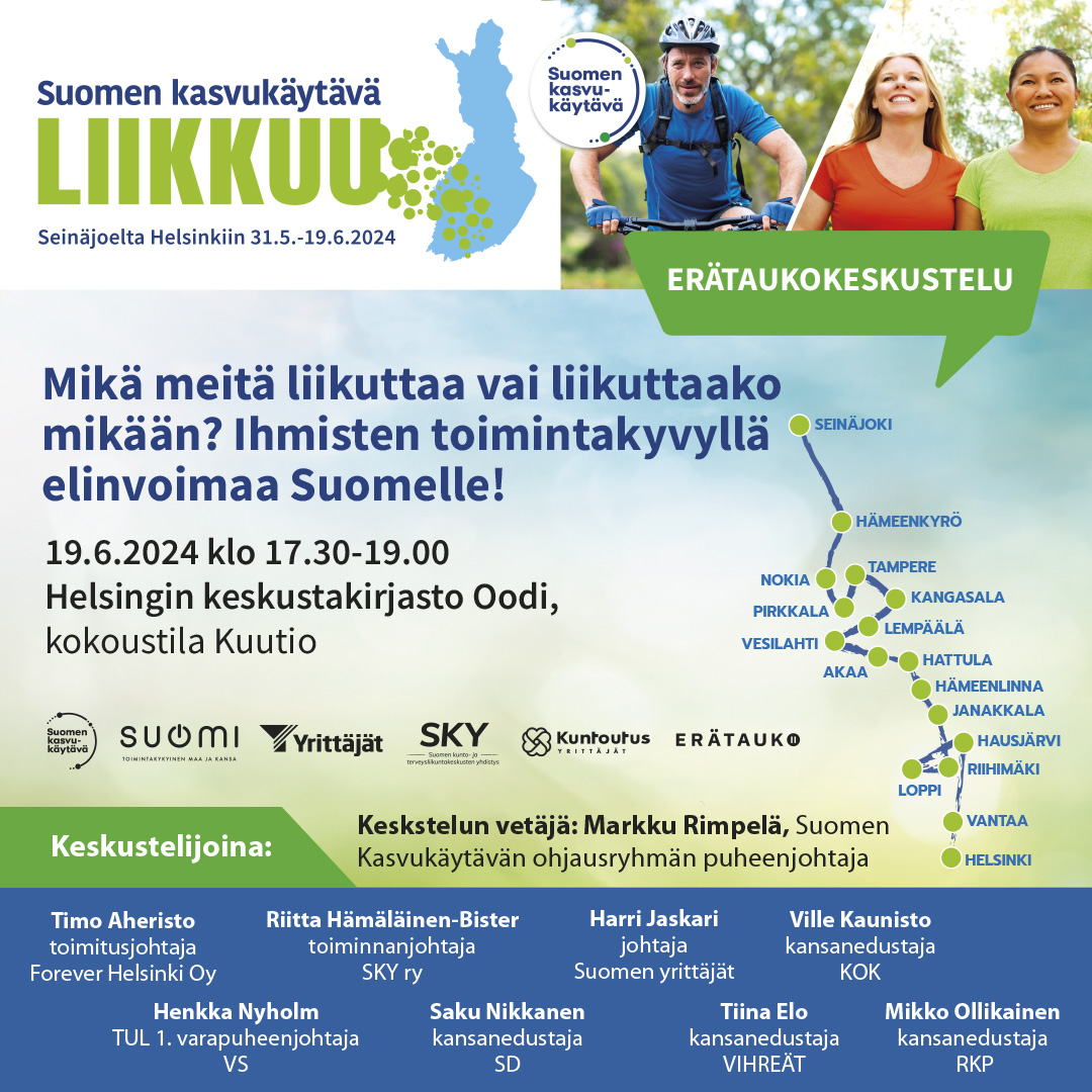 Tule mukaan kaikille avoimeen #erätaukokeskustelu:un, jossa nostamme esiin #kasvukäytäväliikkuu -tempauksesta kerättyjä viestejä ja etsimme niistä uusia oivalluksia suomalaisten toimintakyvyn vahvistamiseksi liikunnan avulla.