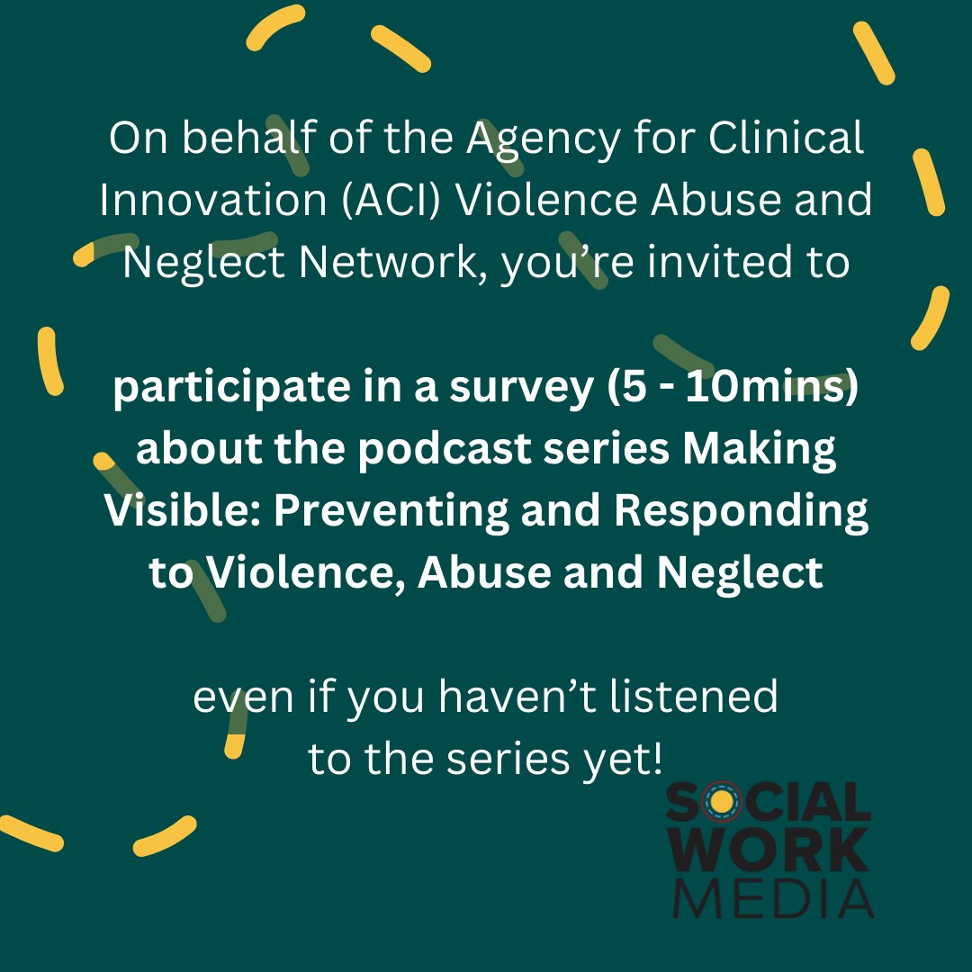 Social Work Stories Podcast (@sowkstoriespod) on Twitter photo Participate in a 5-10min anonymous & voluntary survey about the #MakingVisiblePodcast
forms.office.com/pages/response…
Survey closes 21st June!
If you have any questions, please contact the <a href="/nswaci/">NSW Agency for Clinical Innovation</a> Evaluation team on aci-evidence@health.nsw.gov.au Participate in a 5-10min anonymous & voluntary survey about the #MakingVisiblePodcast
forms.office.com/pages/response…
Survey closes 21st June!
If you have any questions, please contact the <a href="/nswaci/">NSW Agency for Clinical Innovation</a> Evaluation team on aci-evidence@health.nsw.gov.au