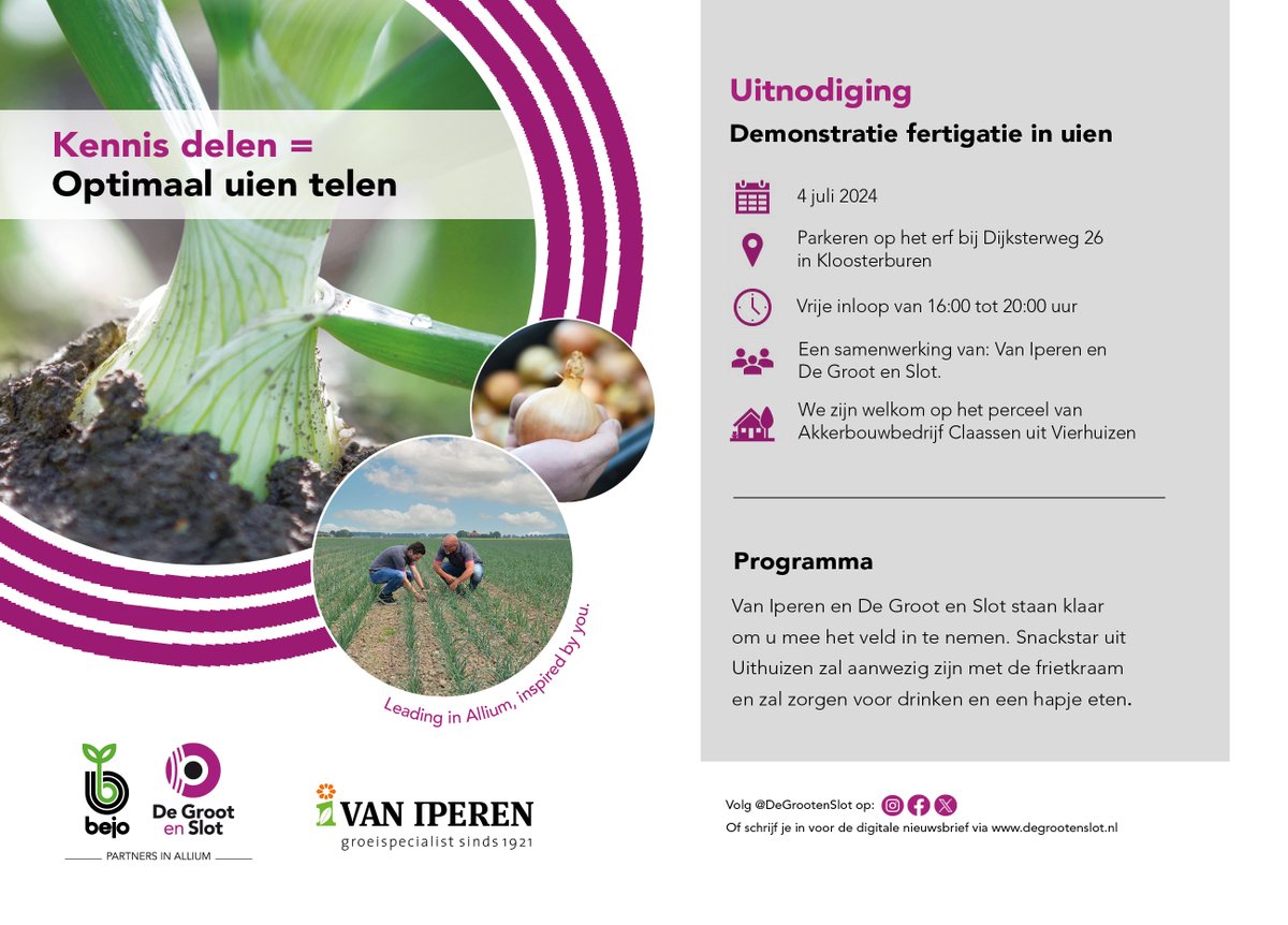 DeGrootenSlot's tweet photo. Wees welkom op 4 juli in Kloosterburen! Samen met @iperen_nl organiseren wij een demonstratie fertigatie in de #uien rassen #hybound #hyroad en #hyfive op een perceel van Mts. Claassen. Er is vrije inloop vanaf 16:00 en de frietkraam staat klaar voor een hapje en drankje. https://t.co/7VMJWCAbbo