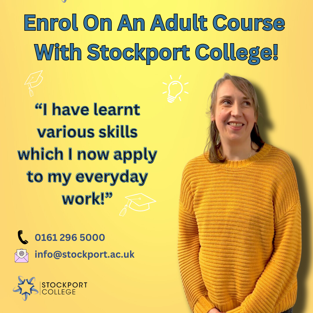 🙌Enrol in an adult course with Stockport College and develop your skills for life! 

Did you know that many of our adult courses are funded?... Contact the team to find out if you are eligible! 

#stockport #adultcourses #skillsforlife