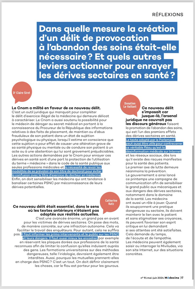 Dans son dernier numéro de de mai-juin 2024 le Conseil national de l’<a href="/ordre_medecins/">Ordre des Médecins</a>, publie un dossier complet sur l'urgence de lutter contre les dérives sectaires, particulièrement dans le domaine de la santé.

<a href="/unadfi/">UNADFI aide aux victimes de sectes</a> 
@D_Le_Vaillant 
Catherine KATZ
Claire SIRET