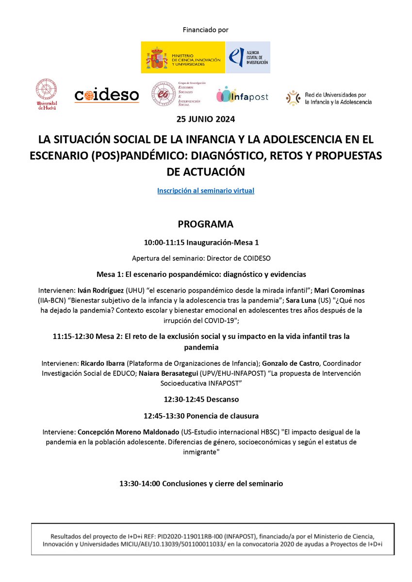 Nuestro compañero <a href="/ivnrguez/">Iván Rodríguez</a> participa en el seminario La situación social de la #infancia y la #adolescencia en el escenario (pos)pandémico que organizamos el 25 de junio.  Revisa el programa y descubre a los demás profesionales invitados
Inscríbete: docs.google.com/forms/d/e/1FAI…