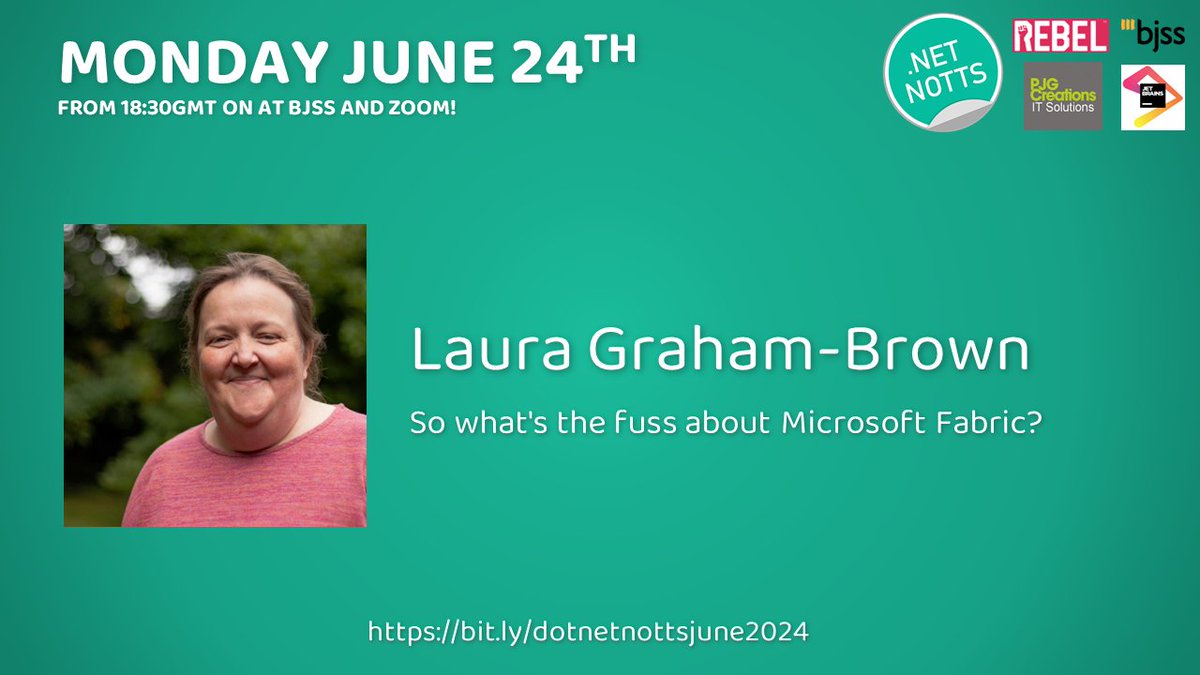 Our June event is now live! We'll be welcoming along <a href="/Laura_GB/">Laura GB - She/Her - #CommunityRocks 💛💙</a> to answer the question of "So what's the fuss about Microsoft Fabric?".

⏰Monday 24th June @ 18:30BST
🌍BJSS Notts &amp; on Zoom
🔗bit.ly/dotnetnottsjun…

Thanks @BJSSLtd <a href="/RebelRecruiters/">Rebel Recruiters</a> <a href="/jetbrains/">JetBrains</a> <a href="/PJGCreations/">PJG Creations Ltd</a>!