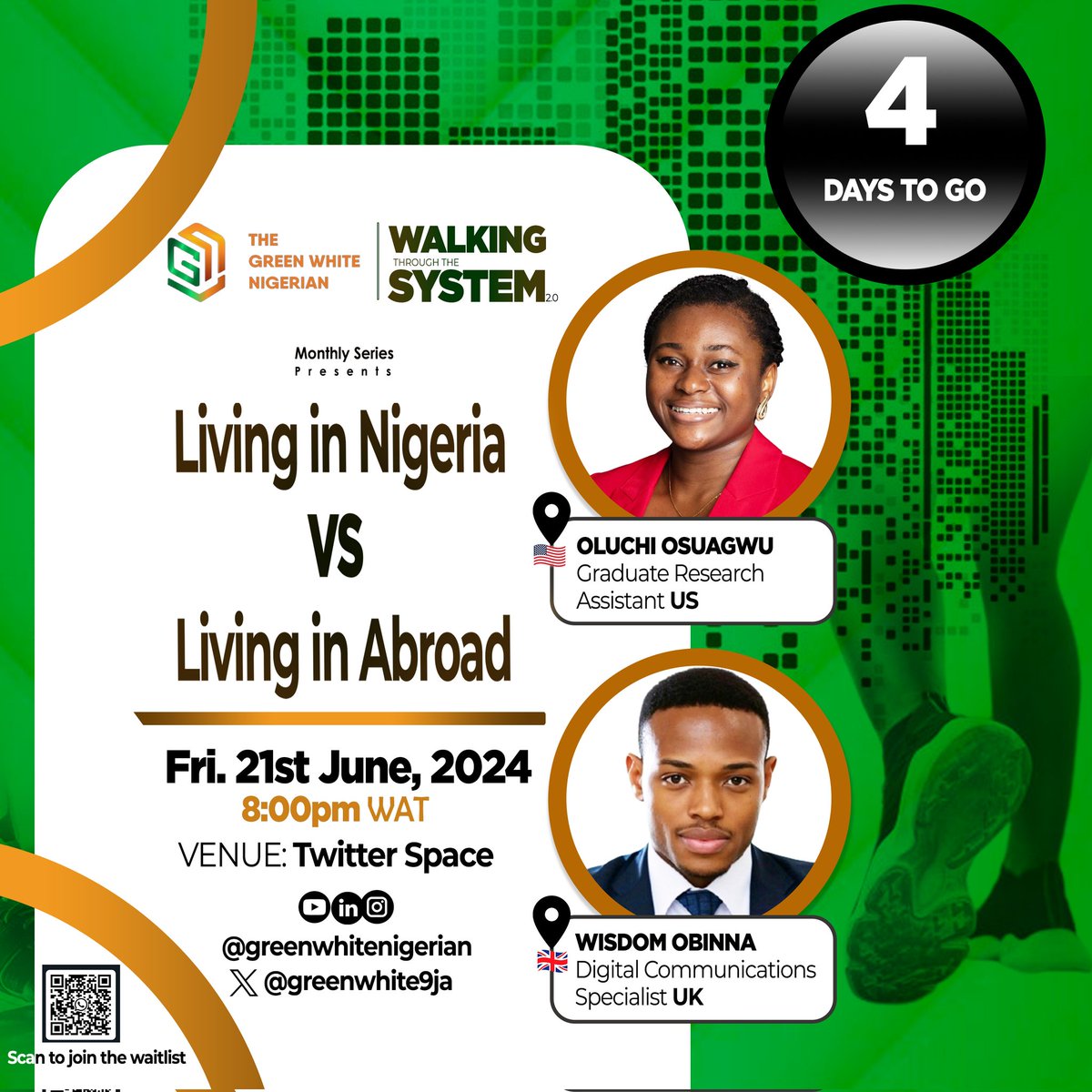 GreenWhite9ja's tweet photo. Alright guys!!! 

Let the COUNT DOWN begin!!!🥳🥳🥳🤸🏻‍♀️🤸🏻‍♀️🤸🏻‍♀️📢📢📢📢

#WTS02 #GWN #NaijaVsAbroad #TwitterSpaces https://t.co/JqzayM0dIc