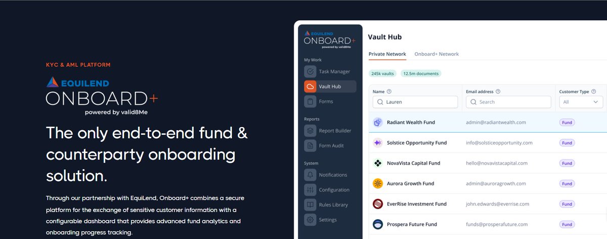valid8Me_com's tweet image. Onboard+ was announced last week in collaboration with @EquiLend introducing the only end-to-end fund and counterparty onboarding solution to securities lending 🤝We'll be attending @__isla if you'd like to find out more about Onboard+
More info: lnkd.in/eJ9Ud9ta
#ISLA