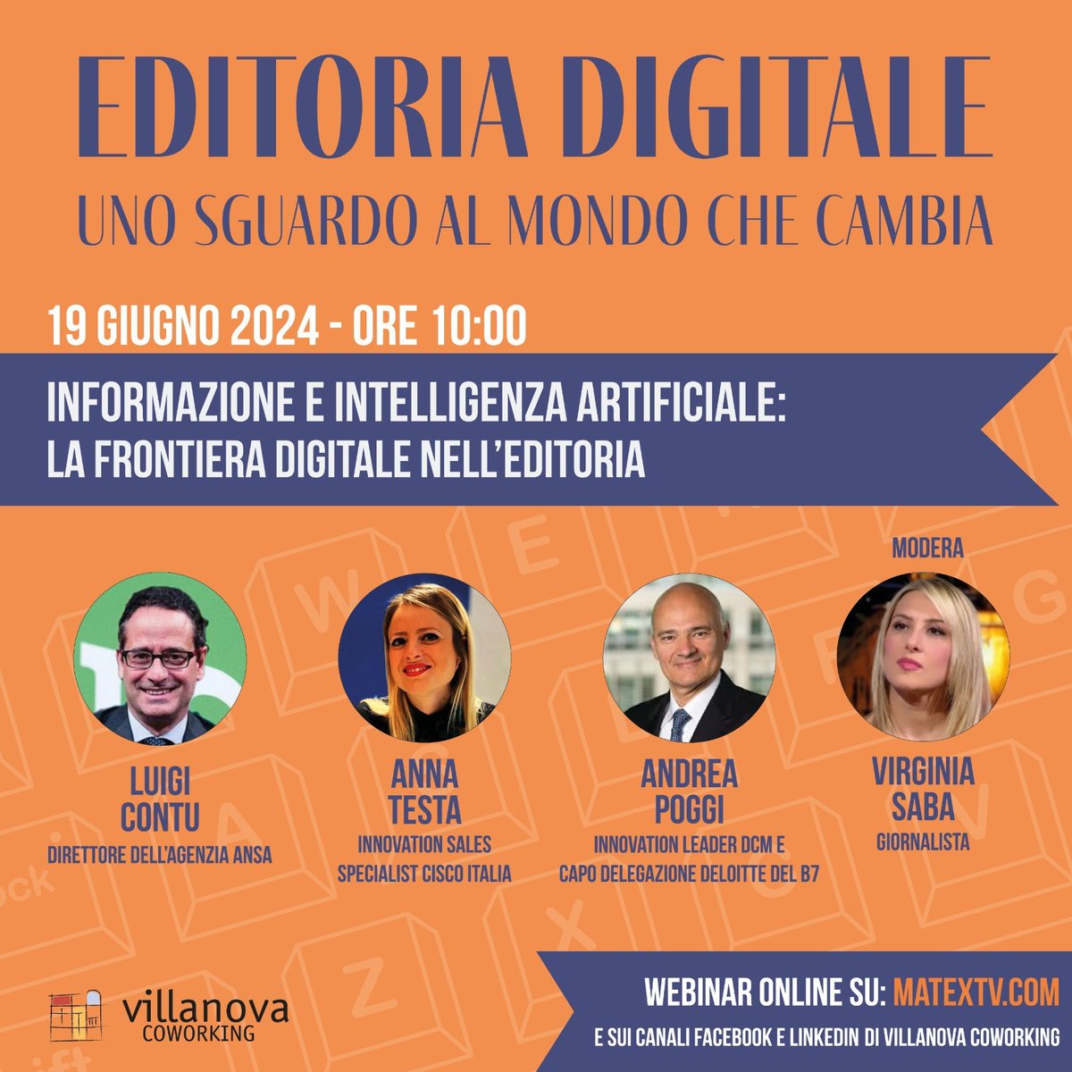 Secondo webinar del ciclo “Editoria digitale: Uno sguardo al mondo che cambia”  👉 19 Giugno h.10:00 📷 Informazione e intelligenza artificiale: la frontiera digitale nell’editoria  📷villanovacoworking.com/editoria-digit…