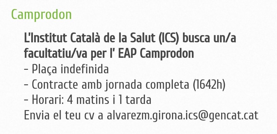 Al CAP de Camprodon busquem metge o metgessa amb l'especialitat de Medicina Familiar i Comunitària.
T'interessa? Un molt bon lloc per treballar i per gaudir de la medicina rural amb un bon equip. T'esperem!