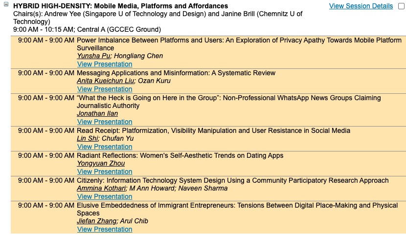 ICA_Mobile's tweet photo. Hello everyone! 
On Saturday, we start with another high-density session: Mobile Media, Platforms and Affordances

Chairs: @sourdoughislove and @brill_janine
9:00 AM - 10:15 AM; Central A (GCCEC Ground)

#ICA24 #MobileComm https://t.co/1wTVMiqPvh