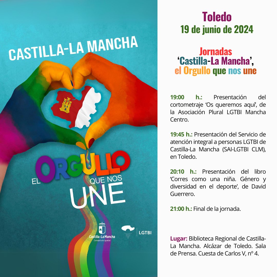 🏳️‍🌈#Toledo acogerá este miércoles las actividades del #Orgullo #LGTBI organizadas por el <a href="/gobjccm/">Gobierno de Castilla-La Mancha</a> , en las Jornadas 'Castilla-La Mancha, el orgullo que nos une'

📆Con cultura, información y sensibilización @guerreando #SAI #plurallgtbi
#ElOrgulloQueNosUne