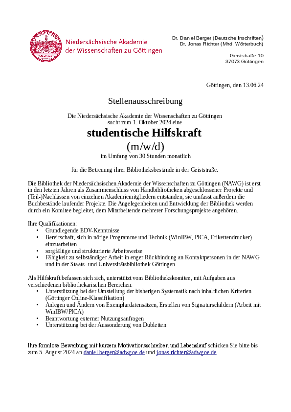 Stellenausschreibung: Hilfskraft für die Bibliothek in der Geiststraße gesucht - Mehr Information ift.tt/bXAD0fE