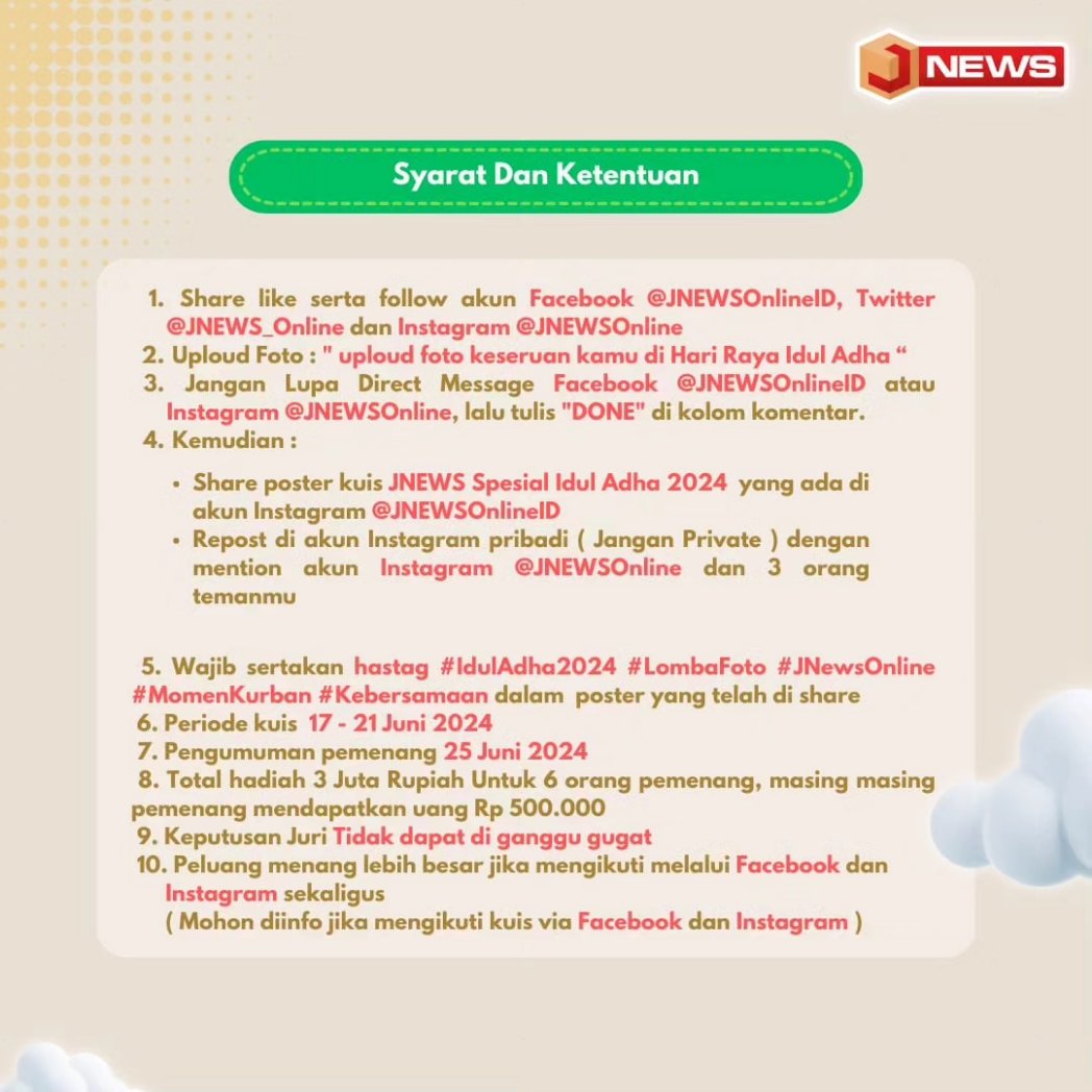 JNEWS_Online's tweet photo. Ayo ikutan lomba foto dengan tema "Keseruan Hari Raya Idul Adha 2024"! Tangkap momen terbaikmu saat berkurban, berkumpul bersama keluarga, dan merayakan hari besar ini. Jangan lupa gunakan hashtag #IdulAdha2024 #LombaFoto #JNewsOnline #MomenKurban #Kebersamaan, tag @JNewsOnline https://t.co/fred1bs3Ft