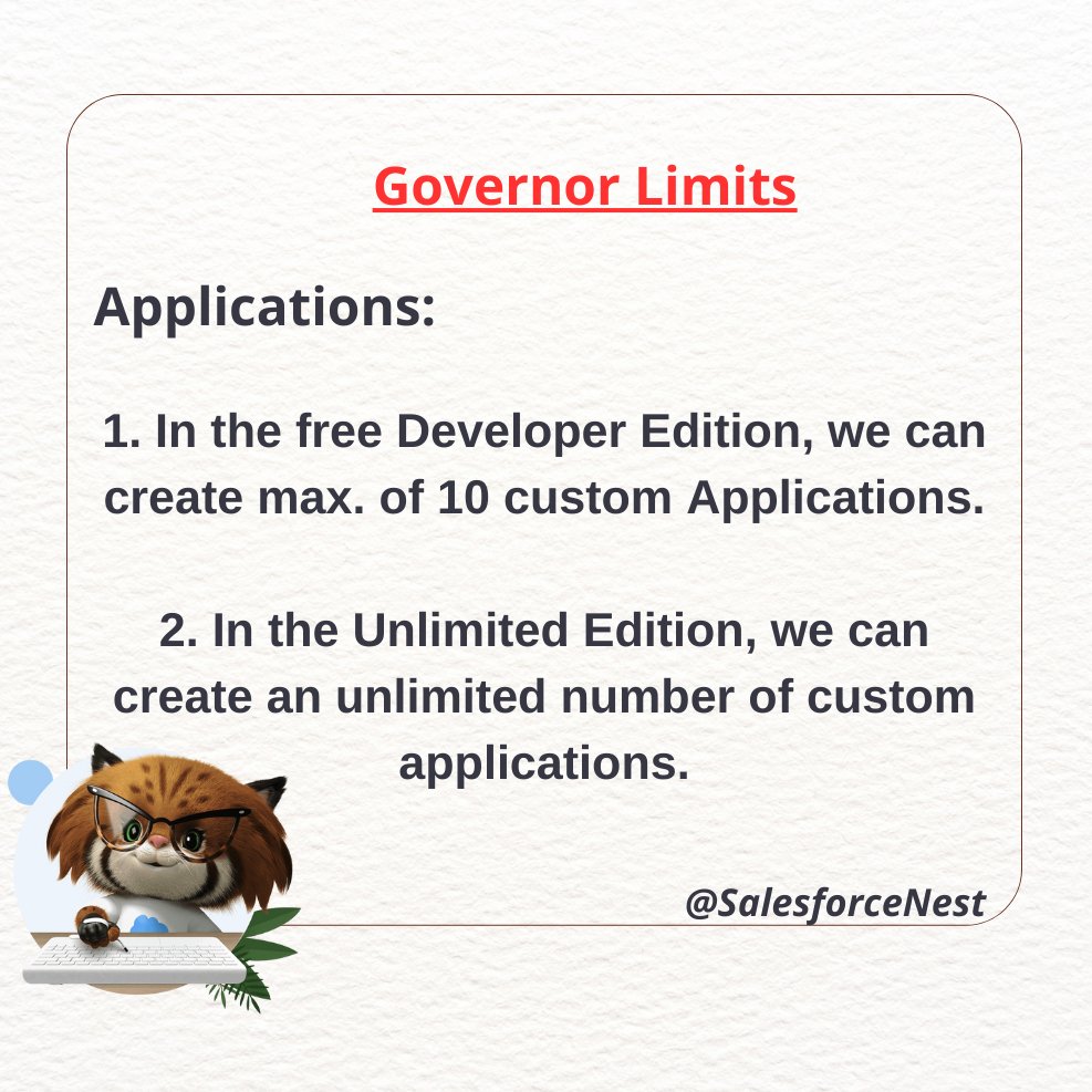 shivayadav2322's tweet image. Salesforce Governor limits to the different editions such as a Free Edition and Unlimited Edition for creating a custom application.

#Salesforcenest #salesforce #salesforcedev #salesforceadmin #governorlimits