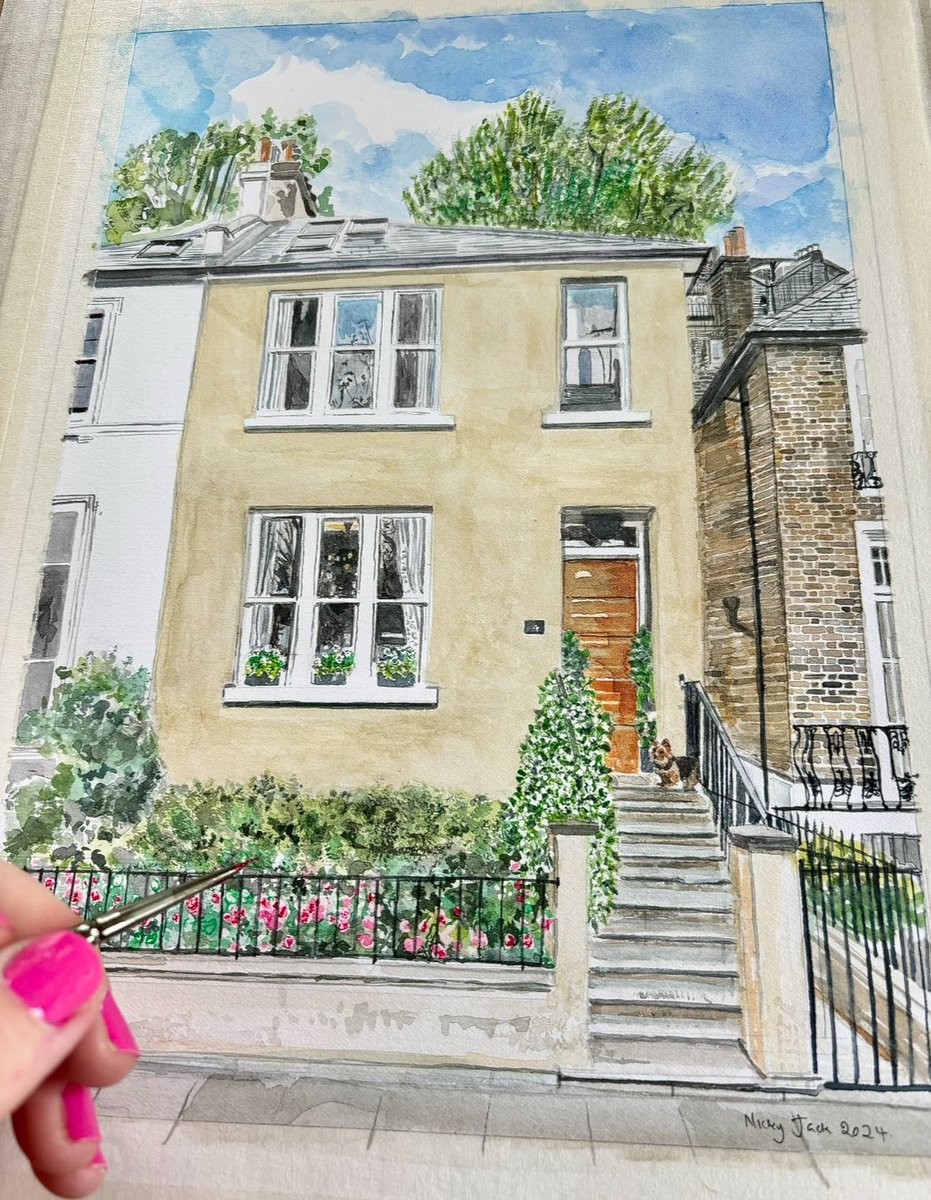 nickyjackart's tweet photo. Monday happy vibes… love the #pink with the #ochre and how cute it the little doggy ? Have a great week all!

#homeportrait #watercolour #Londonhome #paintedmemory #freehand #nickyjackart @ArtMutuals https://t.co/Ow1jcATFbg