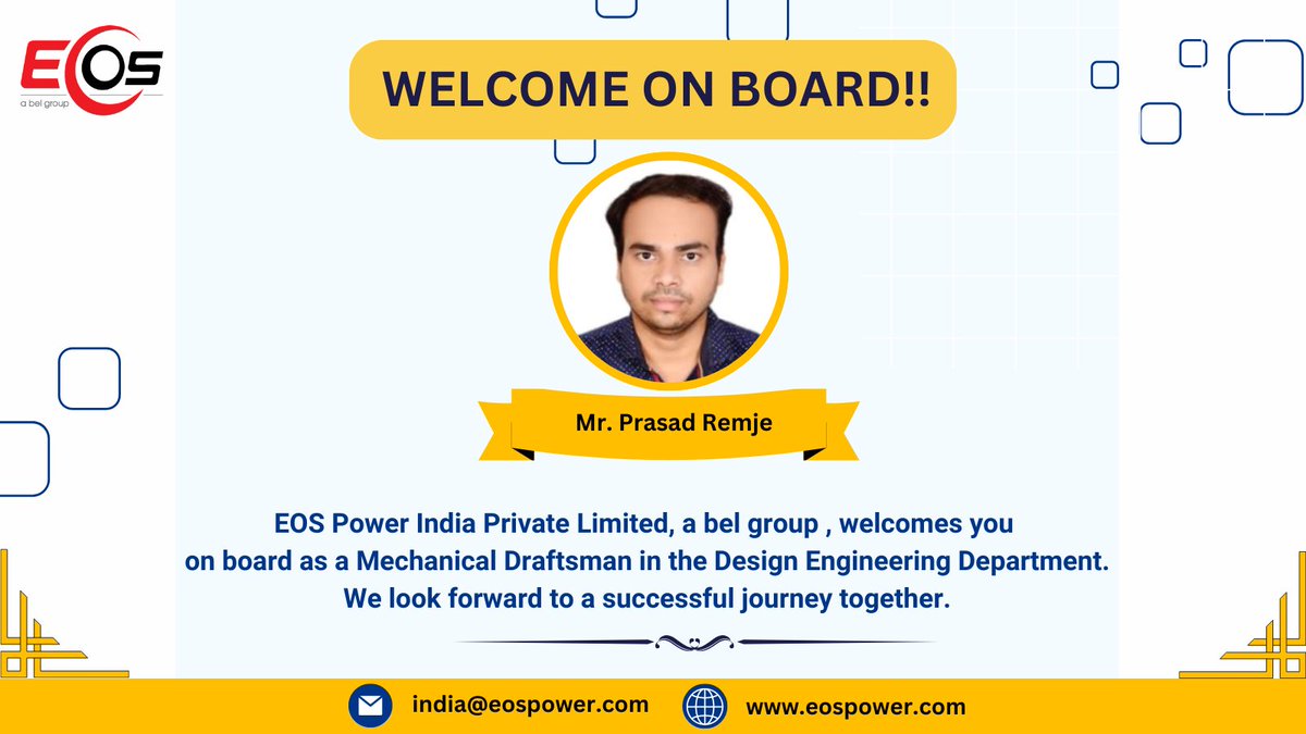 EOS_Power's tweet photo. EOS Power India Private Limited, a bel group , welcomes you  on board as a Mechanical Draftsman in the Design Engineering Department. We look forward to a successful journey together. #HR #welcome #hiring #newjob #jobs #onboarding https://t.co/oM0berFzwL