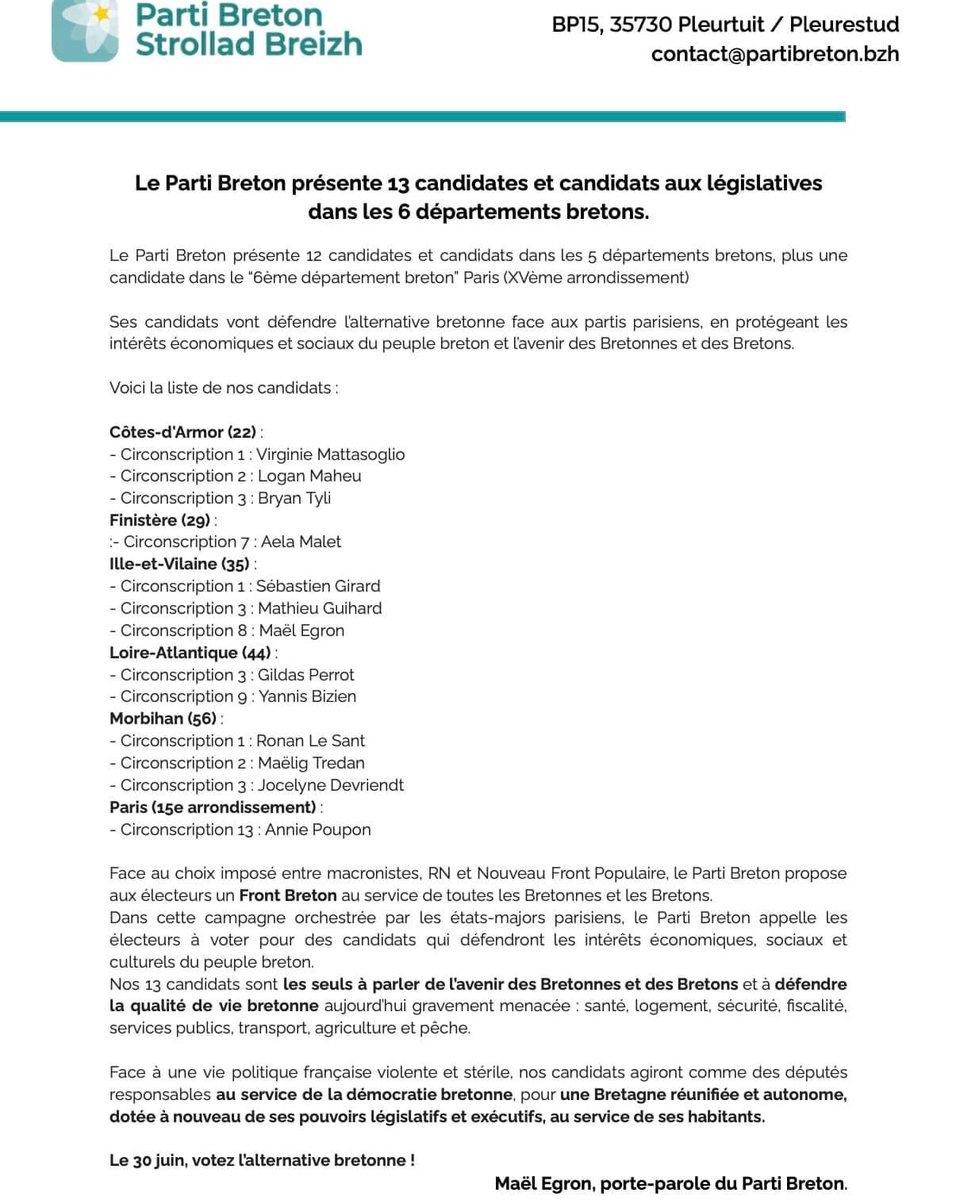 Je serai candidat dans la 1ère circonscription d'Ille-et-Vilaine pour proposer l'alternative bretonne au trio annoncé RN/Macronistes/NFP. Je sais que je peux compter sur vous, comme vous pouvez compter sur moi pour me battre pour la démocratie bretonne prospère et juste !
