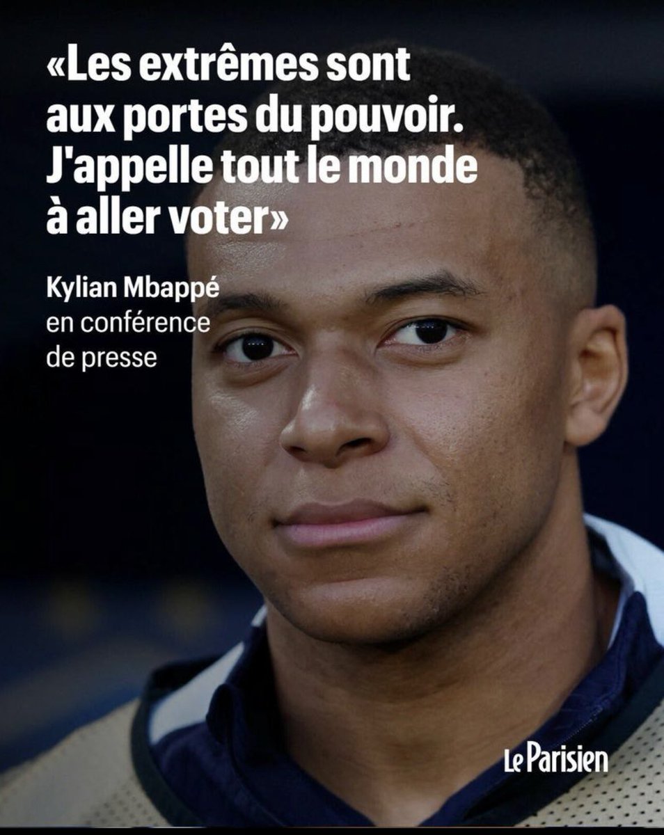 AlexMartin33000's tweet photo. Merci à @KMbappe d’en appeler au sursaut républicain :

« Les extrêmes sont aux portes du pouvoir. J’appelle tout le monde à aller voter »

#LegislativesAnticipées https://t.co/tQ7E6ioug3