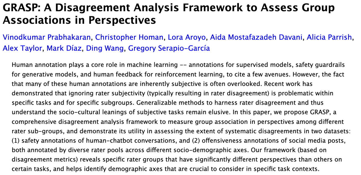 Vinodkumar Prabhakaran (@vinodkpg) on Twitter photo I'll be at #naacl2024 (<a href="/naaclmeeting/">NAACL HLT 2025</a>) this week; come say hi if you are too!
I'll be presenting this paper on measuring (sub-)group associations in annotation disagreements; joint work w/ Chris Homan <a href="/laroyo/">Lora Aroyo</a> <a href="/aidaa/">Aida Davani</a> <a href="/AliciaVParrish/">Alicia Parrish</a> <a href="/alxndrt/">alextaylor@dair-community.social</a> <a href="/blahtino/">Mark Díaz</a> @justaturbo & <a href="/gregserapio/">Greg Serapio-García</a> I'll be at #naacl2024 (<a href="/naaclmeeting/">NAACL HLT 2025</a>) this week; come say hi if you are too!
I'll be presenting this paper on measuring (sub-)group associations in annotation disagreements; joint work w/ Chris Homan <a href="/laroyo/">Lora Aroyo</a> <a href="/aidaa/">Aida Davani</a> <a href="/AliciaVParrish/">Alicia Parrish</a> <a href="/alxndrt/">alextaylor@dair-community.social</a> <a href="/blahtino/">Mark Díaz</a> @justaturbo & <a href="/gregserapio/">Greg Serapio-García</a>