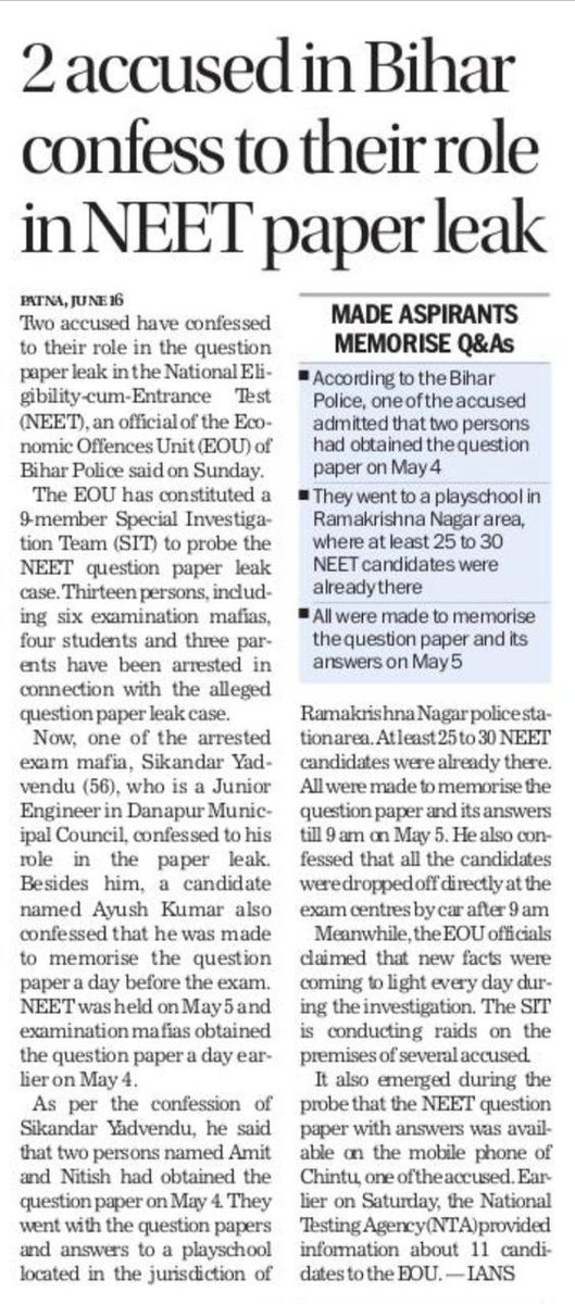 SushantSin's tweet photo. But we are told by the Modi govt that no papers were leaked in the NEET exam. https://t.co/8vUIJKIY2T