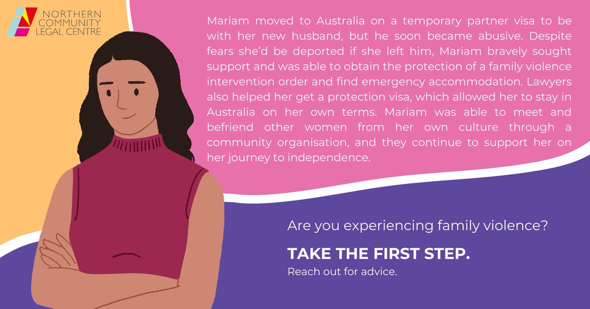 In Australia, there are protections against visa abuse. Read more about Mariam's journey to safety and independence by visiting northernclc.org.au/take-the-first…