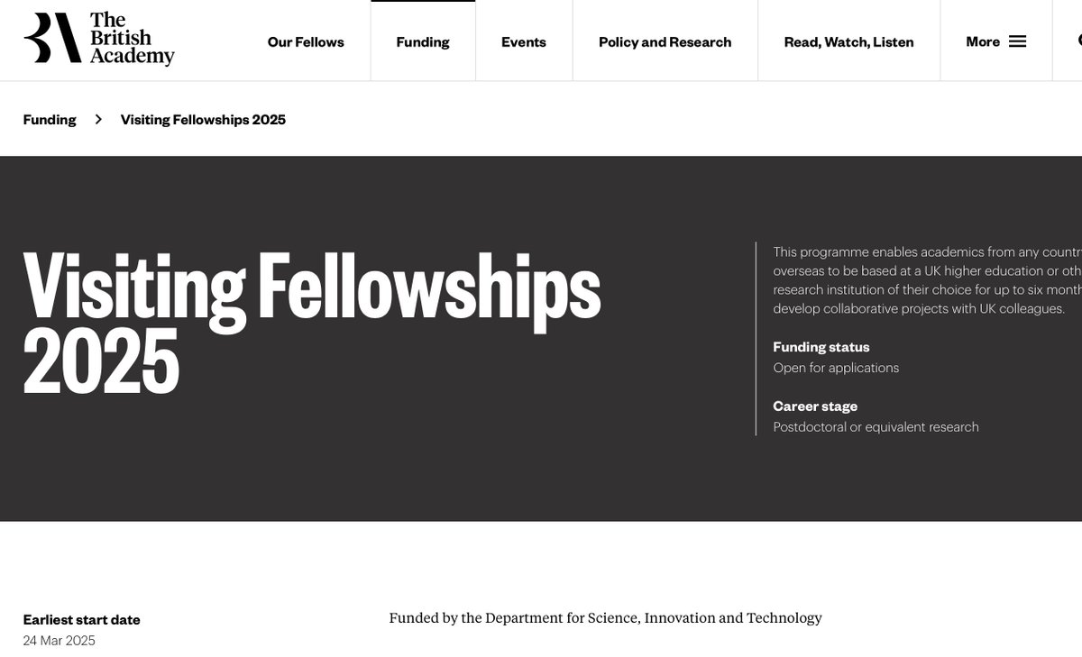 At <a href="/geodatascience/">GeoDataScience</a>, we would be keen to support colleagues not based on the UK to apply for the
<a href="/BritishAcademy_/">The British Academy</a> funding call – Visiting Fellowships 2025  

👉🏼thebritishacademy.ac.uk/funding/visiti… 
*Deadline*: 17:00 (GMT) Wed, 23 Oct 2024