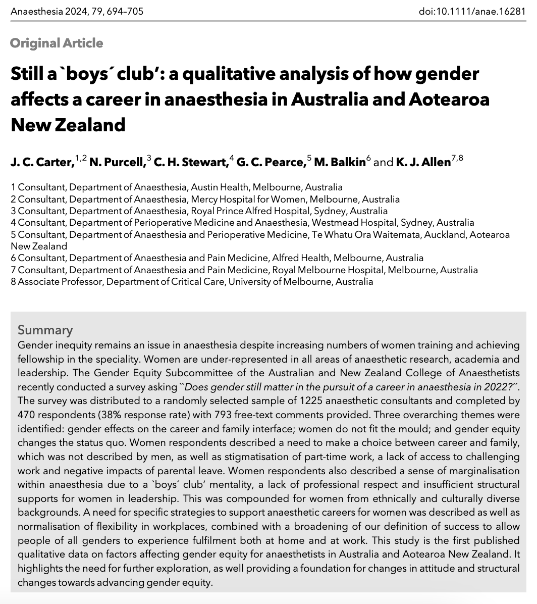 Anaes_Journal's tweet photo. Key motif: women feel culturally excluded, or out of place, within anaesthesia, with resultant professional undermining &amp; unequal opportunities for mentorship, leadership &amp; private practice networking

@ergopropterdoc 

🔗https://t.co/SVR915W6SD https://t.co/8TywfKSEJo