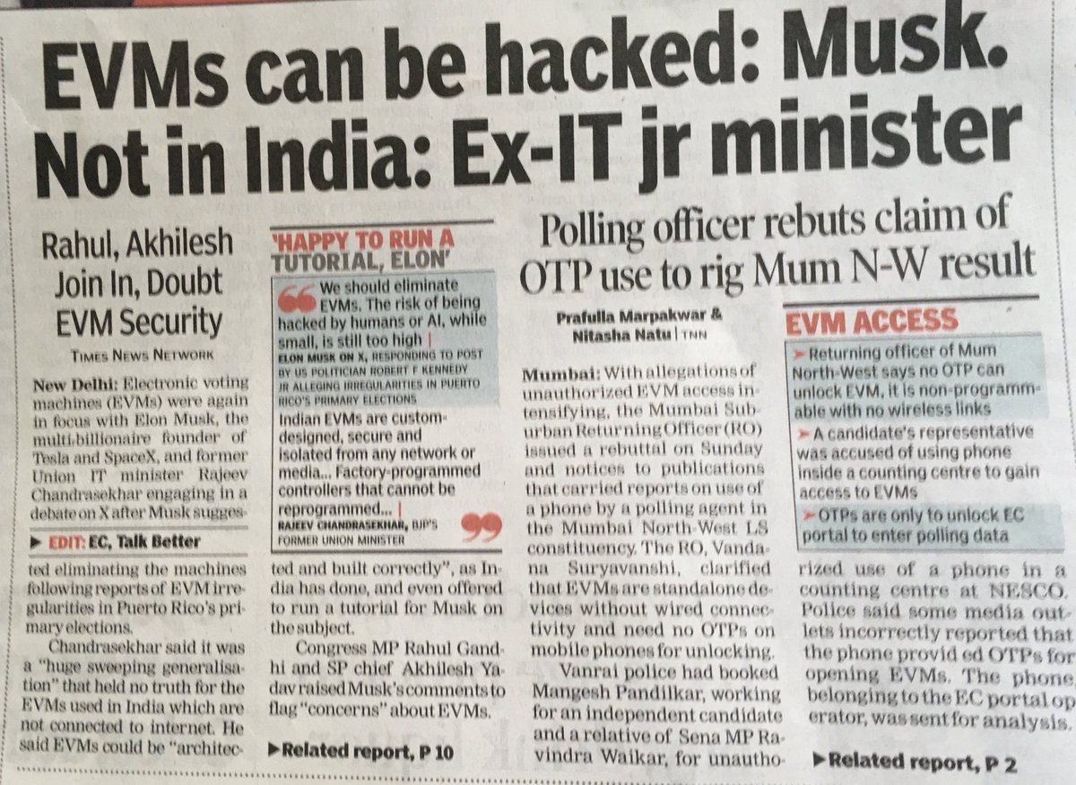 DamodarHegde4's tweet photo. #EVM_Hacking
@timesofindia @vineetjaintimes
Sensationalisation by Front Big Headlines on comments “EVMs can be hacked” by
Mr. Musk, no expert on EVMs, is Highly deplorable!
@ECISVEEP has fully explained & Hon’ble Supreme Court of India has given clear verdict after hearings👍 https://t.co/lvBrBX5l7f