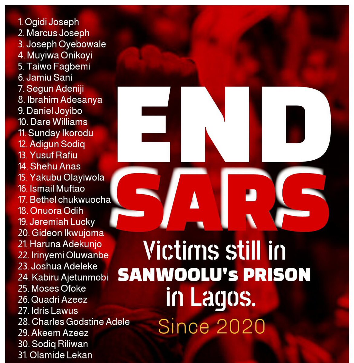 These are names of ENDSARS victims still wallowing in the prison.

The Yoruba had the audacity to call it an igbo protest but look at the names of those in jail.

Pastor Adeboye bayo onanuga