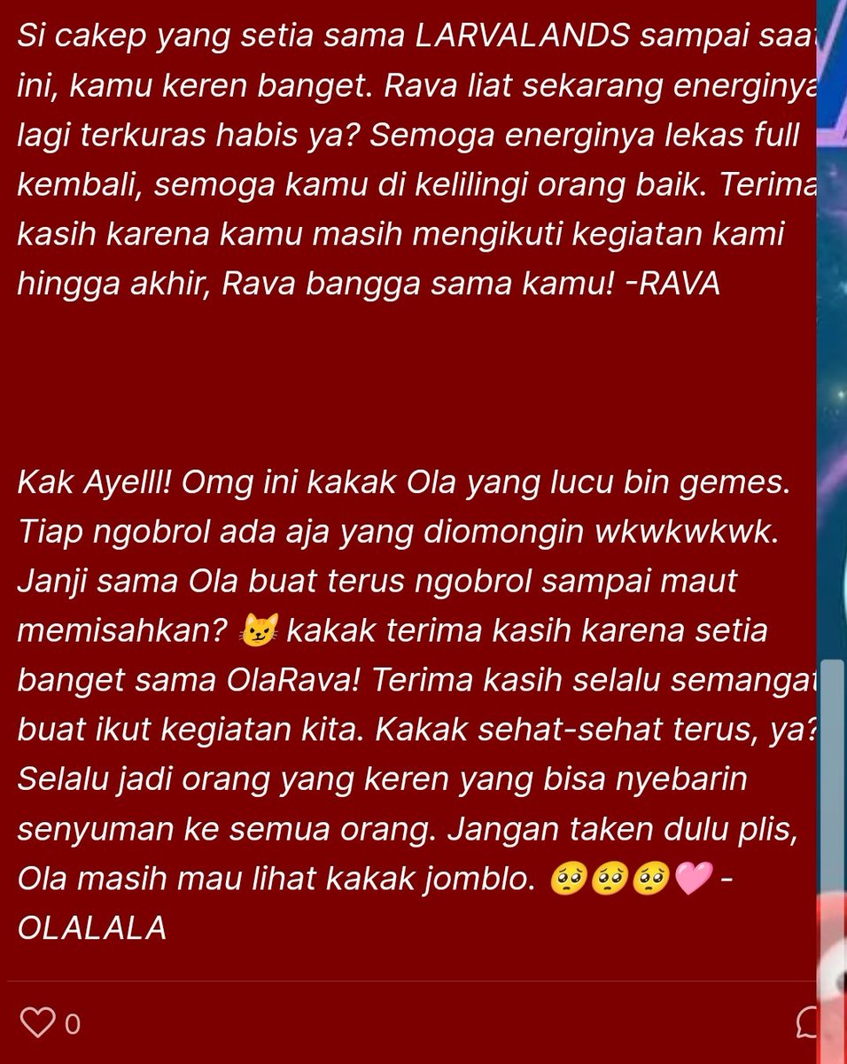 Baru bacaaaaaaaaaaa
Even diakhir acarapun gue dibully ola 😭🫵🏻
Kalo gue kaga taken2 salahin ola aja ya guys 🤣
But thankyou so much RAVAOLA kalian keren 🥰 lopyu!!!